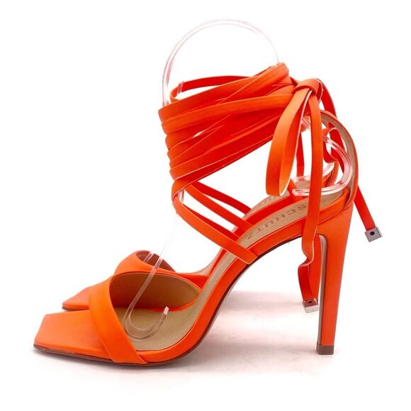 NEW Schutz Bryce Leather Stiletto Sandals Neon Orange Lace-Up Sandals Size 7.5 - Picture 2 of 16